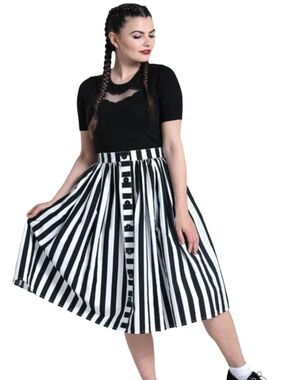 Hell Bunny Black & White Vertical Stripe Button-Front Midi Skirt
